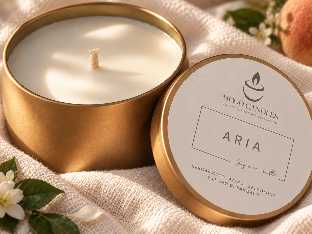 Aurea Aria, candela dorata con stoppino in cotone, agrumi, pesca, gelsomino e sandalo.