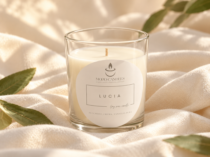 Alchimia Lucia, vista frontale luminosa con stoppino in cotone.