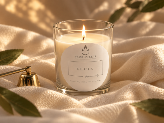Alchimia Lucia accesa con stoppino in cotone e fiamma realistica.