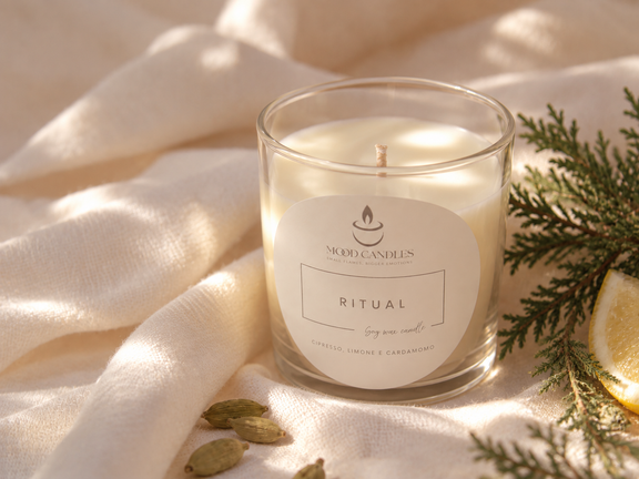Alchimia Ritual, vista angolata con stoppino in cotone, cipresso e limone.