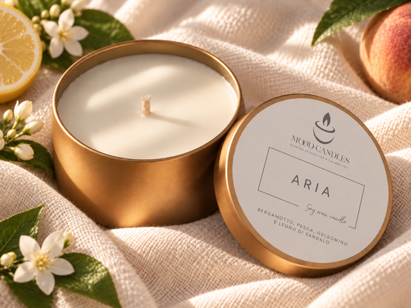 Aurea Aria, dettaglio del contenitore dorato e dell'etichetta.