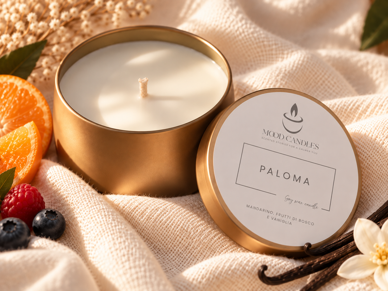 Aurea Paloma, candela dorata con stoppino in cotone, mandarino, frutti di bosco e vaniglia.