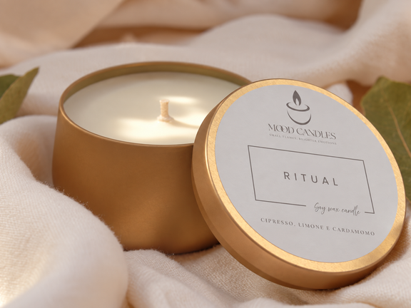 Aurea Ritual con stoppino in cotone, contenitore dorato e coperchio etichettato.