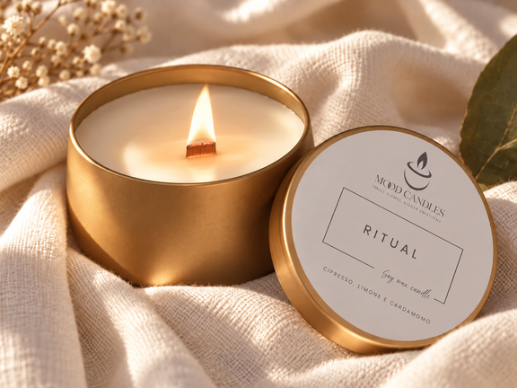Aurea Ritual accesa con stoppino in legno e fiamma realistica.