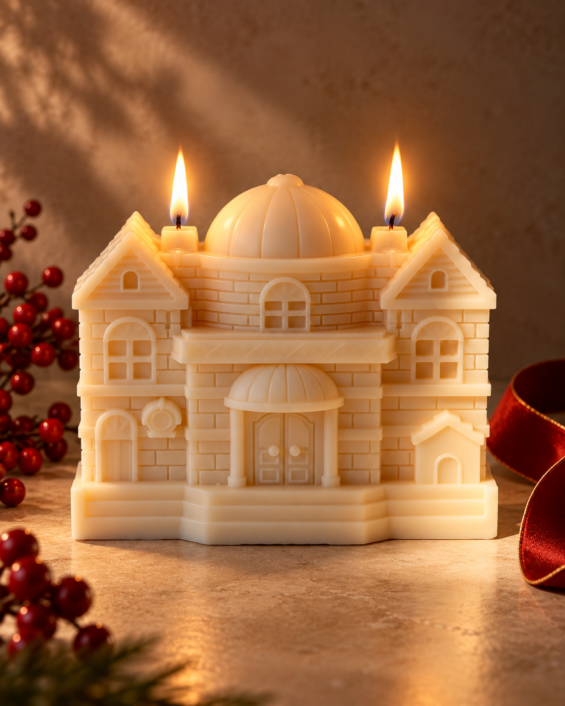 Castello Mood Candles acceso - Natale 2026, vista frontale.
