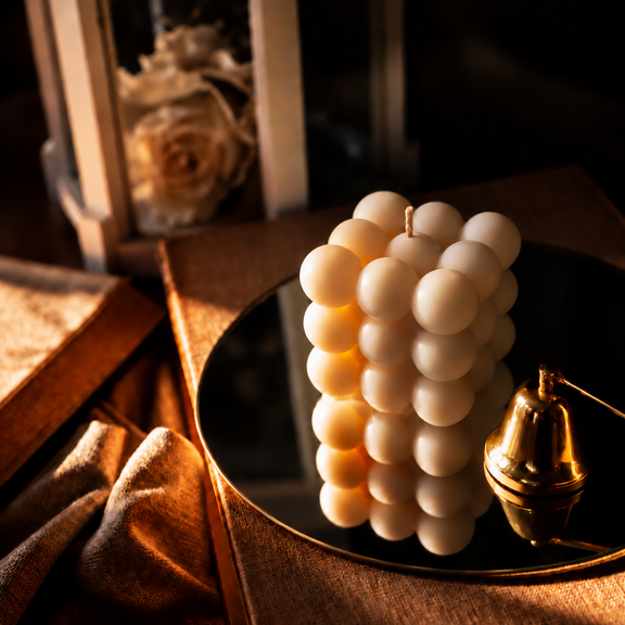 Armonia Design su specchio scuro con stoppino in cotone da circa 1 cm.
