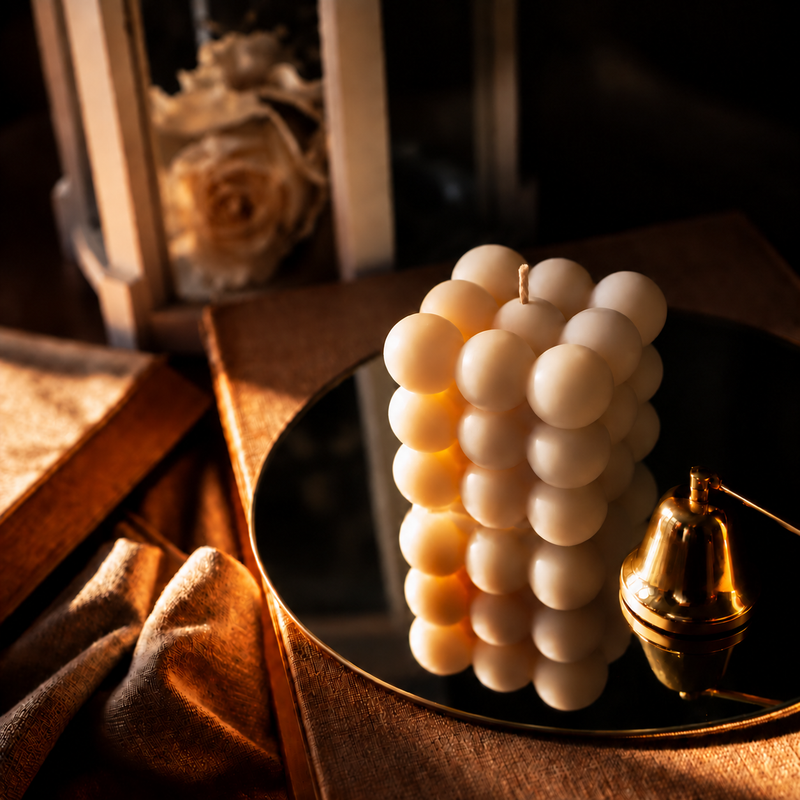 Armonia Design su specchio scuro con stoppino in cotone da circa 1 cm.