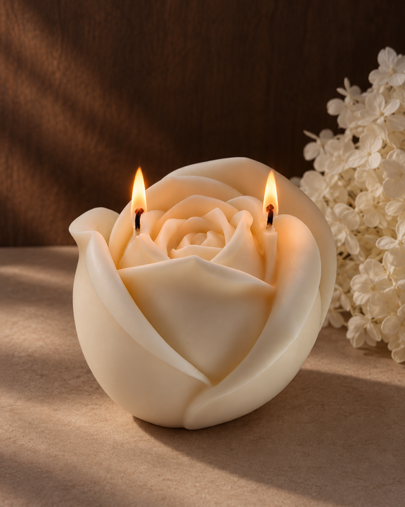 Belle accesa, candela scultorea a forma di rosa con due fiamme.