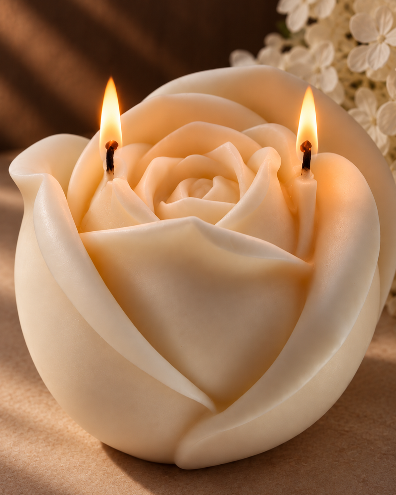 Belle, candela Design a forma di rosa da un'angolazione alternativa.