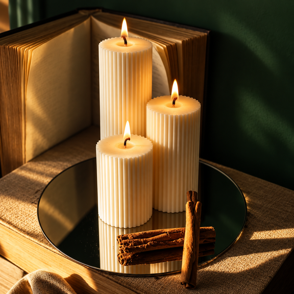Collezione Ercole, set di tre candele Design accese su vassoio riflettente.