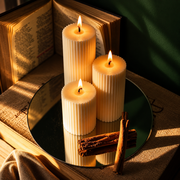 Collezione Ercole, tre candele Design viste da un'angolazione superiore.
