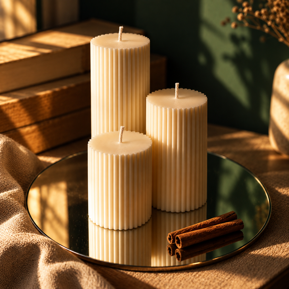 Collezione Ercole, set di tre candele spente con stoppino corto e luce dorata.