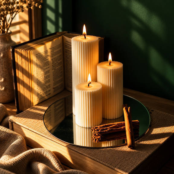 Collezione Ercole, composizione ampia delle tre candele Design in luce calda.