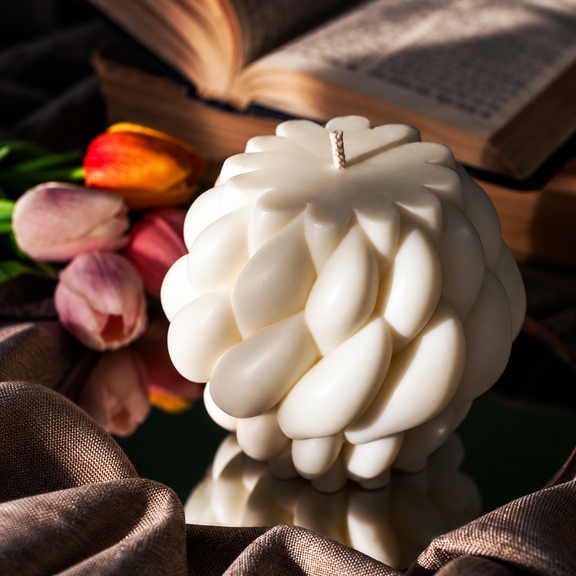 Minerva, candela scultorea Design centrata tra tulipani e libri antichi.