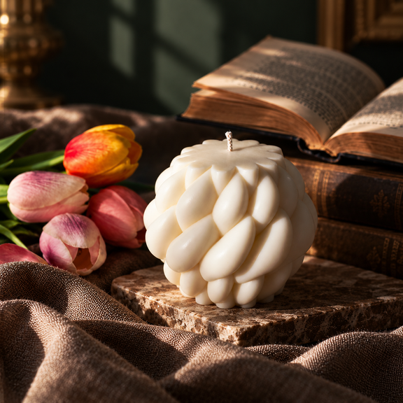 Minerva, candela scultorea fotografata frontalmente tra tulipani e libri antichi.
