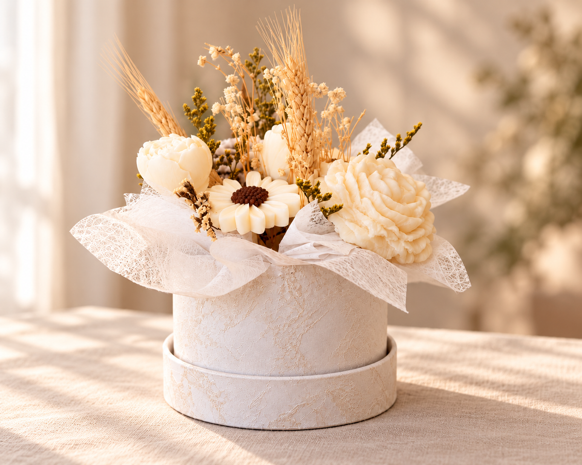 Bouquet di fiori in cera in una cappelliera avorio