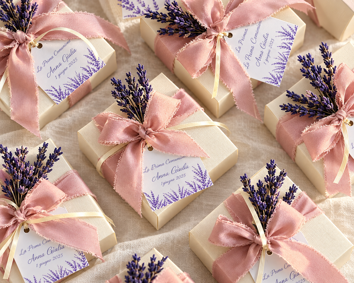 Bomboniere personalizzate con nastri rosa, lavanda e biglietti coordinati